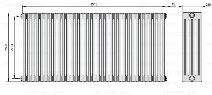Схема (чертеж) Радиатор Zehnder Charleston 6280/33 №1270 Белый глянцевый RAL 9016